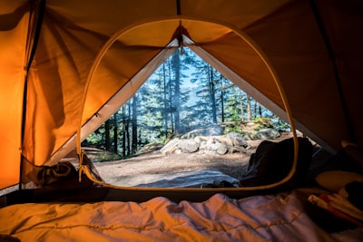 Family camping by a lake